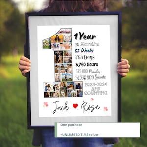 Plantilla editable de collage de imágenes personalizado para el primer aniversario Regalo personalizado de primer año Regalo de primer año para novio, esposo y aniversario de bodas