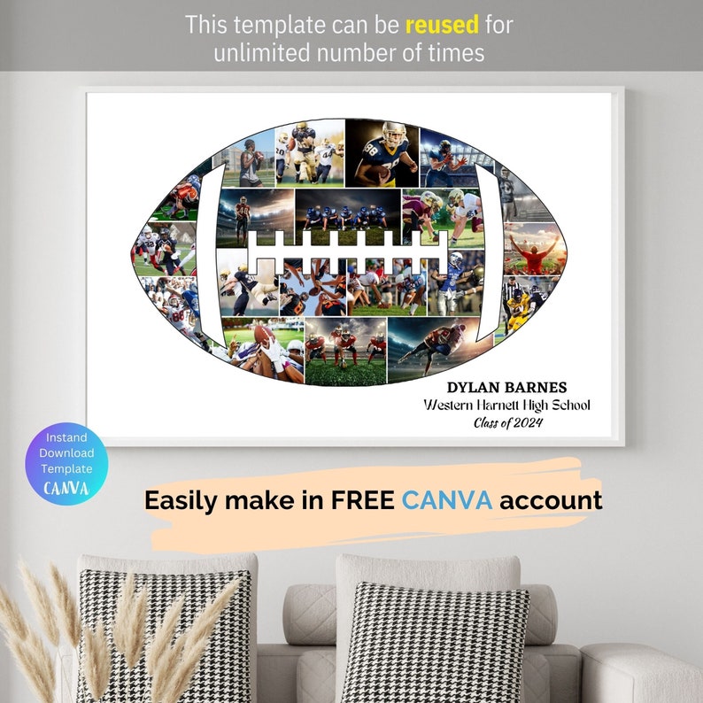 American Football Player Gift Football Coach Gift for Him Custom American Football Photo Collage Template Football Poster Canva Template