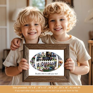 K&ouml;nnte beinhalten: Zwei l&auml;chelnde Kinder halten einen gerahmten Collage in Form eines Footballs. Die Collage ist mit Actionaufnahmen von Footballspielern gef&uuml;llt. Der Rahmen hat eine rustikale braune Farbe. Der Text auf dem Bild lautet "Doppelklicken, um Ihren Text hinzuzuf&uuml;gen".