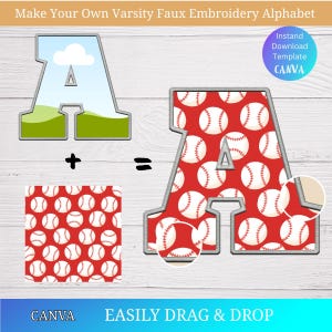 Varsity Faux Embroidery Canva Frame Alphabet Digital Stitch letters Drag and Drop PNG Applique Patch Duotone Effects Photo Fill Editable