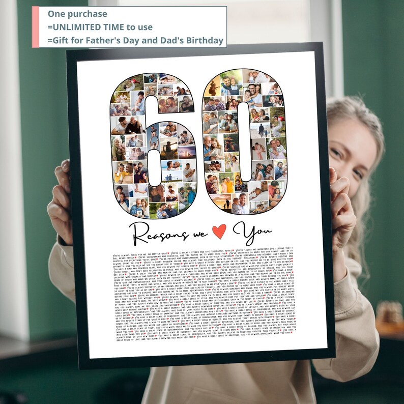 May include: A white poster with a black frame featuring a collage of photos in the shape of the number 60. The text "60 Reasons We Love You" is below the number.