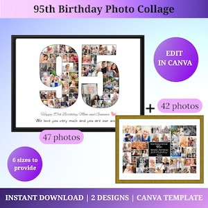 Modèle collage photo 95 ans personnalisé | Cadeau unique pour Mamie | Poster & tableau anniversaire avec cadeau photo 95
