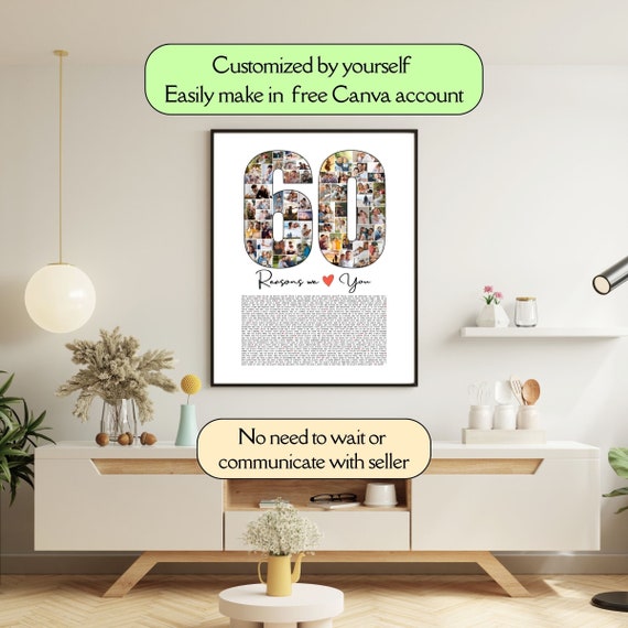 60  Reasons We Love You Editable Template 60th Birthday Gift For Mom Custom Photo Collage 60 Things about Dad Gift for Men Woman