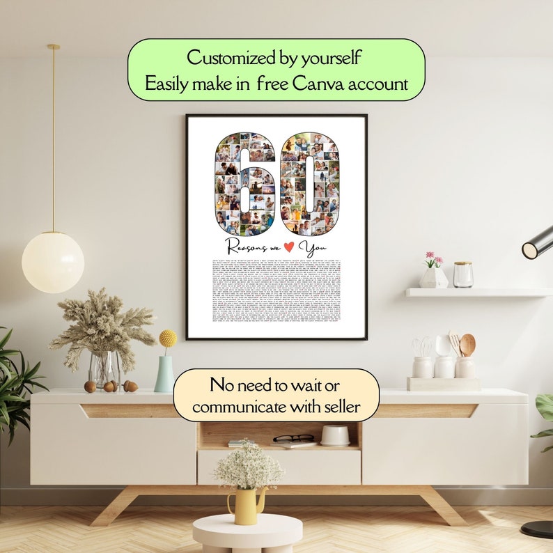 May include: A white poster with a collage of photos in the shape of the number 60. The text "Reasons we You" is written below the number. The poster is framed and hanging on a white wall.