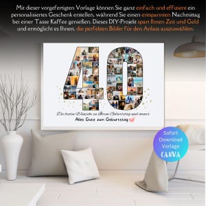 Puede incluir: Una impresi&oacute;n en lienzo blanco con un collage de fotos del n&uacute;mero 40. El collage est&aacute; formado por fotos m&aacute;s peque&ntilde;as de personas y lugares. El texto "Die besten W&uuml;nsche zu Ihrem Geburtstag und immer Alles Gute zum Geburtstag" est&aacute; escrito debajo del collage. El texto "Sofort Download Vorlage CANVA" est&aacute; escrito en la esquina inferior derecha.