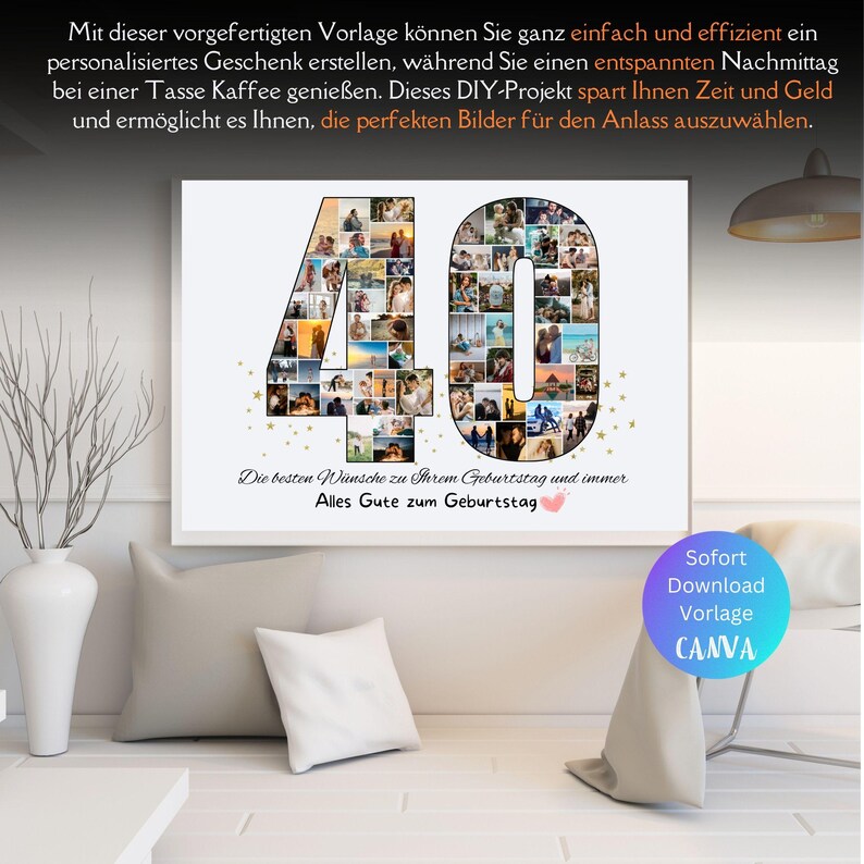 Puede incluir: Una impresi&oacute;n en lienzo blanco con un collage de fotos del n&uacute;mero 40. El collage est&aacute; formado por fotos m&aacute;s peque&ntilde;as de personas y lugares. El texto "Die besten W&uuml;nsche zu Ihrem Geburtstag und immer Alles Gute zum Geburtstag" est&aacute; escrito debajo del collage. El texto "Sofort Download Vorlage CANVA" est&aacute; escrito en la esquina inferior derecha.
