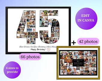 Custom 45th Birthday Photo Collage Template Personalized 45th Birthday Gift for Him Her 45th birthday poster 45th Birthday Board Number 45