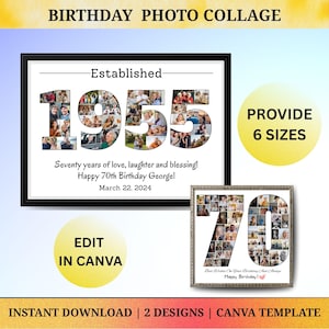 Conjunto de 2 plantillas de collage de fotos de cumpleaños número 70 personalizadas. Regalo de cumpleaños imprimible personalizado de 1955 para mamá, papá, abuela o abuelo de 70 años.