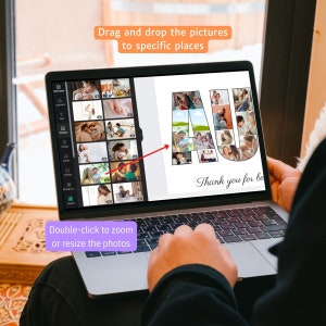 K&ouml;nnte beinhalten: Ein Laptop, der eine Fotocollage mit den Buchstaben "AU" anzeigt, die mit Familienfotos gef&uuml;llt ist. Der Bildschirm zeigt eine Designoberfl&auml;che mit Optionen f&uuml;r Elemente, Uploads, Text, Fotos, Stile, Audio, Videos und Hintergr&uuml;nde. Auf dem Bildschirm steht "Ziehen und Ablegen der Bilder an bestimmte Stellen" und "Doppelklicken zum Zoomen oder &Auml;ndern der Gr&ouml;&szlig;e der Fotos."