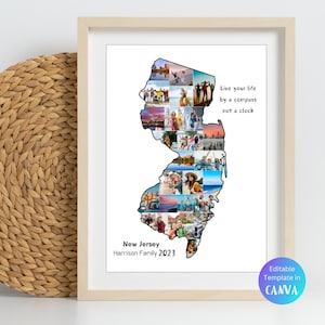Aangepaste New Jersey kaart fotocollage sjabloon gepersonaliseerde reiskaart met foto's afdrukbare New Jersey kaart Art Print USA staat poster