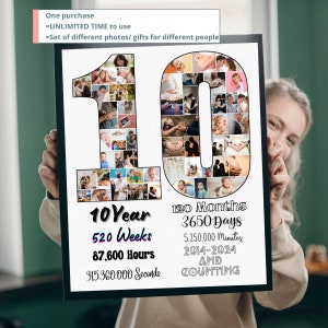 Custom 10th Anniversary Photo Collage Template Personalized Tenth Anniversary Valentines Day Gift for Boyfriend Husband Wedding Anniversary