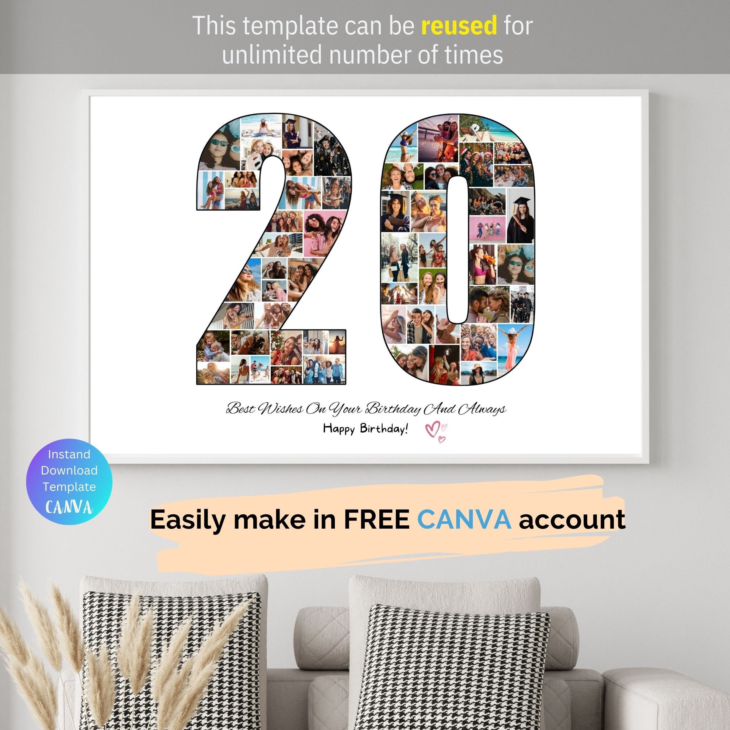 Custom 20th Birthday Photo Collage Template Personalized 20th Birthday Gift for Women Men Picture Collage Printable Gift for Son Daughter