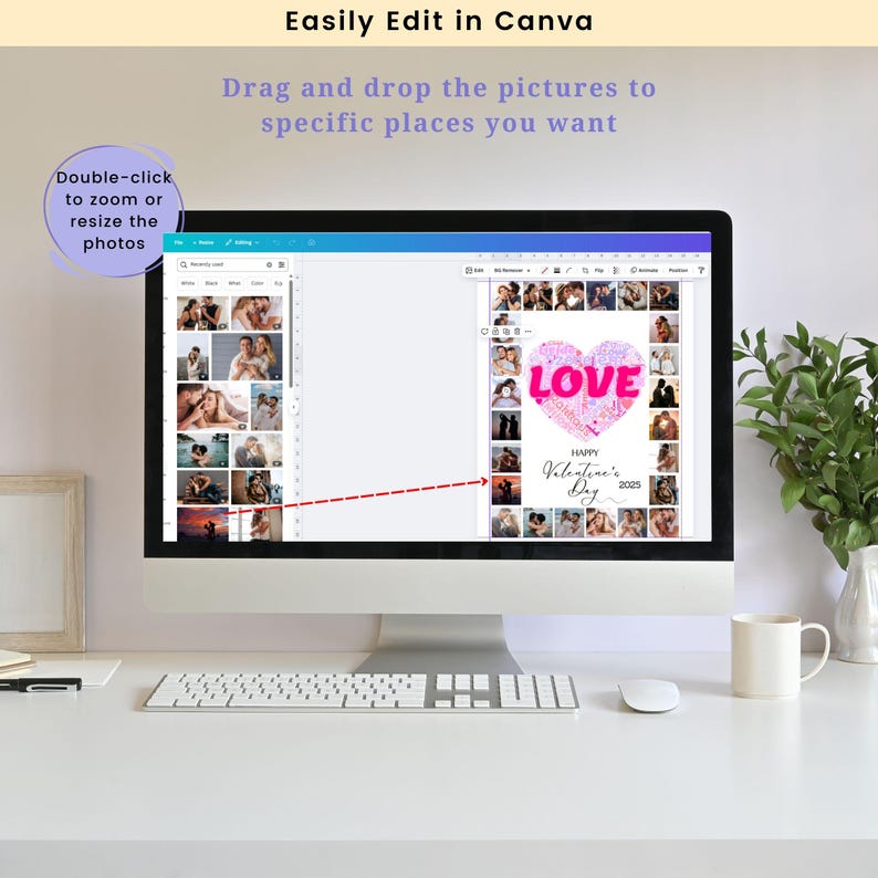 K&ouml;nnte beinhalten: Ein Computerbildschirm zeigt eine Canva-Designvorlage f&uuml;r eine Fotocollage zum Valentinstag. Die Vorlage zeigt ein pinkfarbenes Herz mit dem Wort "LOVE" in wei&szlig;er Schrift, umgeben von kleineren Quadraten f&uuml;r Fotos. Der Text "HAPPY Valentine's Day 2025" befindet sich unter dem Herzen. Der Bildschirm zeigt eine Seitenleiste mit einem Raster von Fotos, die in die Collage gezogen und abgelegt werden k&ouml;nnen.
