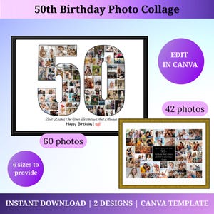 Individuelle 50. Geburtstag Fotocollage-Vorlage | Personalisiertes Geschenk für ihn/sie | Geburtstagsposter & Tafel mit Fotogeschenk 50