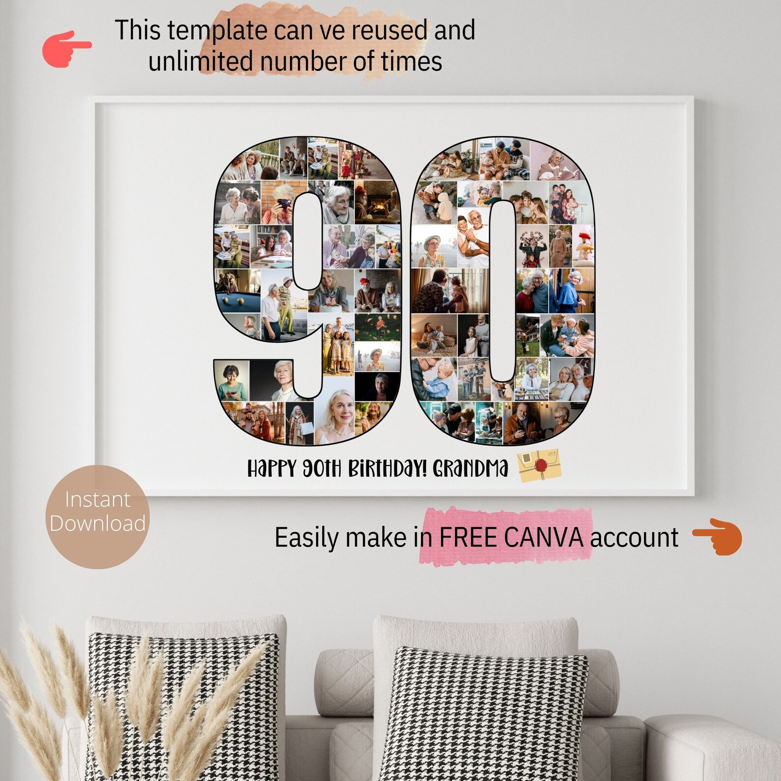 Custom 90th Photo Collage Template Personalized 90th Birthday - Etsy