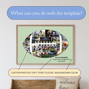 K&ouml;nnte beinhalten: Ein gerahmtes, footballf&ouml;rmiges Fotocollage mit mehreren Actionaufnahmen. Die Collage enth&auml;lt den Text "DYLAN BARNES, Western Harnett High School, Class of 2024." Das Bild enth&auml;lt auch den Text "What can you do with the template?" und "CUSTOM PHOTOS- TEXT- FONT/COLOR.- BACKGROUND COLOR."