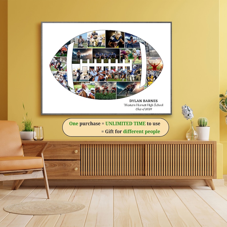 K&ouml;nnte beinhalten: Ein gerahmtes, footballf&ouml;rmiges Collage mit Actionaufnahmen von Footballspielern. Die Collage enth&auml;lt den Text "DYLAN BARNES Western Harnett High School Class of 2024." Das Bild enth&auml;lt auch den Text "One purchase = UNLIMITED TIME to use = Gift for different people."
