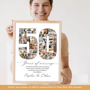 Modello di collage fotografico personalizzato per il 50° anniversario di matrimonio. Regali personalizzati per il 50° anniversario di matrimonio per i genitori. Nozze d'oro, sposati nel 1976.