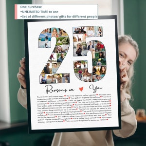 25 razones por las que te amamos Plantilla editable Canva Regalo de cumpleaños número 25 para mujeres Collage de fotos personalizado Marco de fotos Regalo imprimible para novio