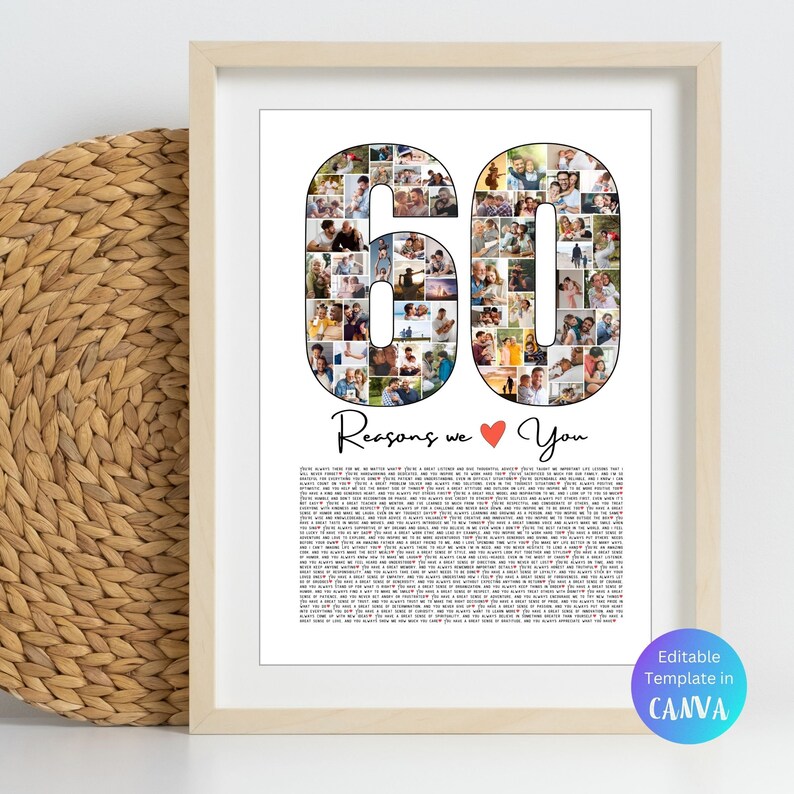 May include: A printable 60th birthday photo collage template with a white background. The number 60 is made up of photos and the text "Reasons we love you" is below the number. The template is editable in Canva.