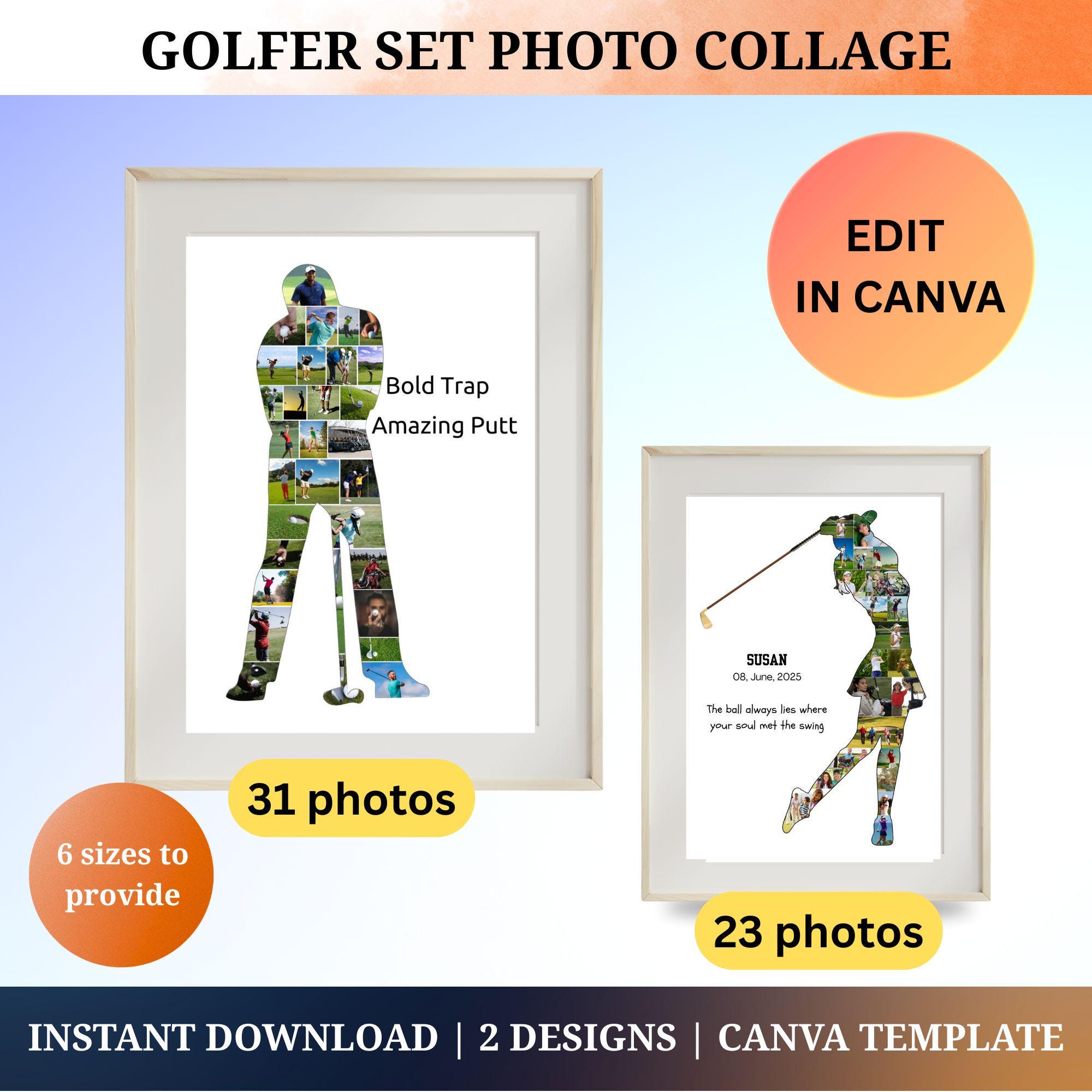 Custom Golf Player Photo Collage Template Set Personalized Golf Gift for Female Male Golf Photo Gift Picture Collage Printable Golf Wall Art
