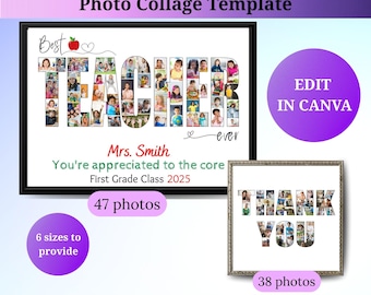 Plantillas de collage de fotos personalizadas de agradecimiento para maestros, regalo imprimible de agradecimiento para maestros, regalo personalizado para maestros de la clase, niños y estudiantes.