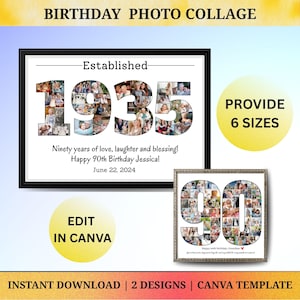 Set mit 2 benutzerdefinierten Fotocollage-Vorlagen zum 90. Geburtstag, personalisiertes, druckbares Geburtstagsgeschenk zum 90. Geburtstag