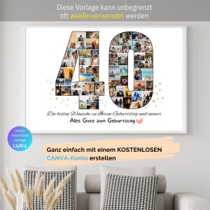 Puede incluir: Un fondo blanco con un gran n&uacute;mero 40 hecho de fotos. El n&uacute;mero est&aacute; rodeado de estrellas doradas. El texto "Die besten W&uuml;nsche zu Ihrem Geburtstag und immer Alles Gute zum Geburtstag" est&aacute; debajo del n&uacute;mero. El texto "Ganz einfach mit einem KOSTENLOSEN CANVA-Konto erstellen" est&aacute; en la parte inferior de la imagen.