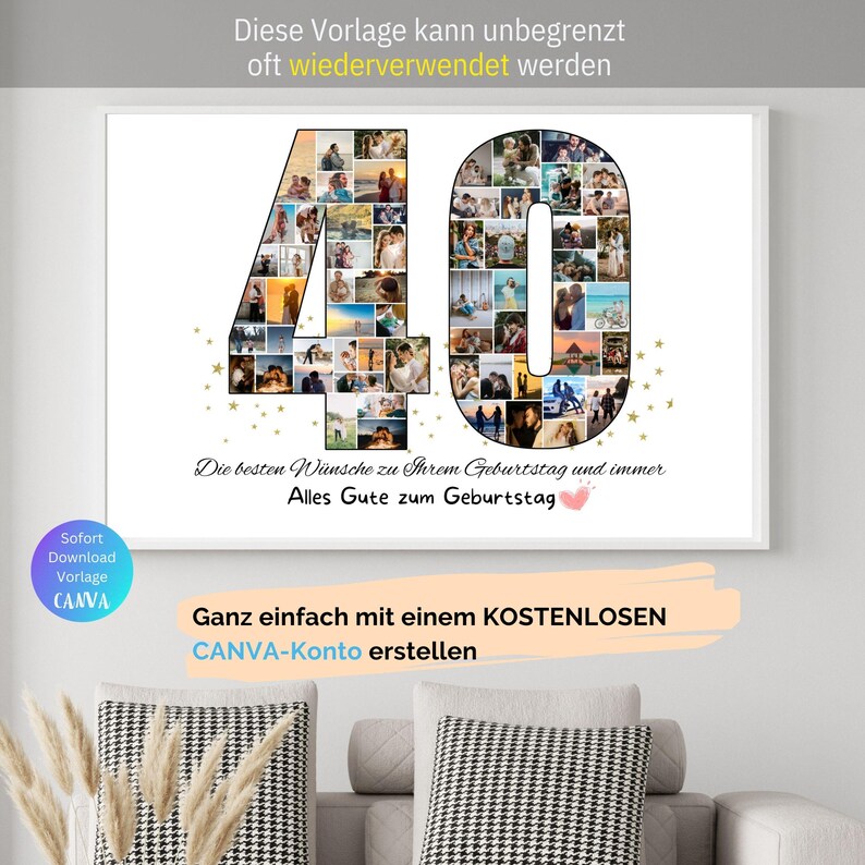 Puede incluir: Un fondo blanco con un gran n&uacute;mero 40 hecho de fotos. El n&uacute;mero est&aacute; rodeado de estrellas doradas. El texto "Die besten W&uuml;nsche zu Ihrem Geburtstag und immer Alles Gute zum Geburtstag" est&aacute; debajo del n&uacute;mero. El texto "Ganz einfach mit einem KOSTENLOSEN CANVA-Konto erstellen" est&aacute; en la parte inferior de la imagen.