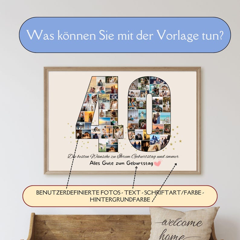 Puede incluir: Una plantilla de collage de fotos imprimible para un 40&ordm; cumplea&ntilde;os con un gran n&uacute;mero 40 hecho de fotos m&aacute;s peque&ntilde;as. El texto "Die besten W&uuml;nsche zu Ihrem Geburtstag und immer Alles Gute zum Geburtstag" est&aacute; debajo del n&uacute;mero 40. El texto "BENUTZERDEFINIERTE FOTOS-TEXT-SCHRIFTART/FARBE - HINTERGRUNDFARBE/" est&aacute; debajo del texto.