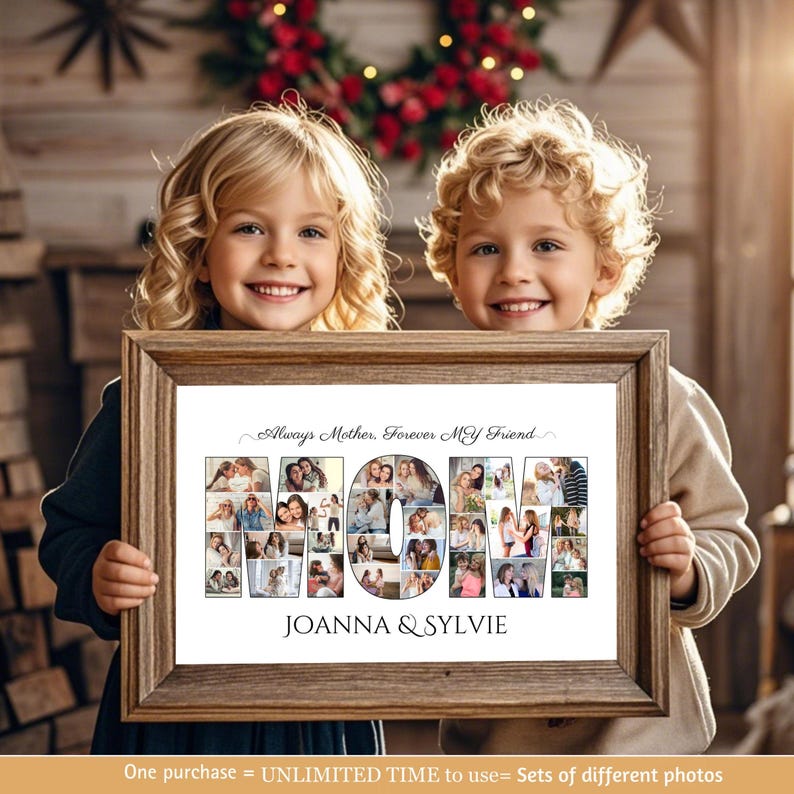 K&ouml;nnte beinhalten: Ein gerahmtes Foto-Collage einer Familie mit dem Wort "MOM" in Fotos. Der Text "Always Mother, Forever My Friend" befindet sich &uuml;ber dem Collage und die Namen "JOANNA & SYLVIE" unter dem Collage.