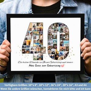Puede incluir: Un collage de fotos en forma del n&uacute;mero 40. El collage est&aacute; formado por muchas fotos peque&ntilde;as, y el n&uacute;mero est&aacute; rodeado de estrellas doradas. El texto "Die besten W&uuml;nsche zu Ihrem Geburtstag und immer Alles Gute zum Geburtstag" est&aacute; escrito debajo del n&uacute;mero. El texto est&aacute; en alem&aacute;n. Tama&ntilde;os disponibles: 10"x 8", 18"x 12", 36"x 24", 20"x 16", A3 y A4.