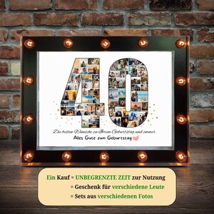 Puede incluir: Un collage de fotos enmarcado en negro con fondo blanco. El n&uacute;mero 40 est&aacute; formado por muchas fotos peque&ntilde;as. El texto debajo dice "Die besten W&uuml;nsche zu Ihrem Geburtstag und immer Alles Gute zum Geburtstag". Debajo de eso, el texto dice "Ein Kauf = UNBEGRENZTE ZEIT zur Nutzung = Geschenk f&uuml;r verschiedene Leute = Sets aus verschiedenen Fotos".