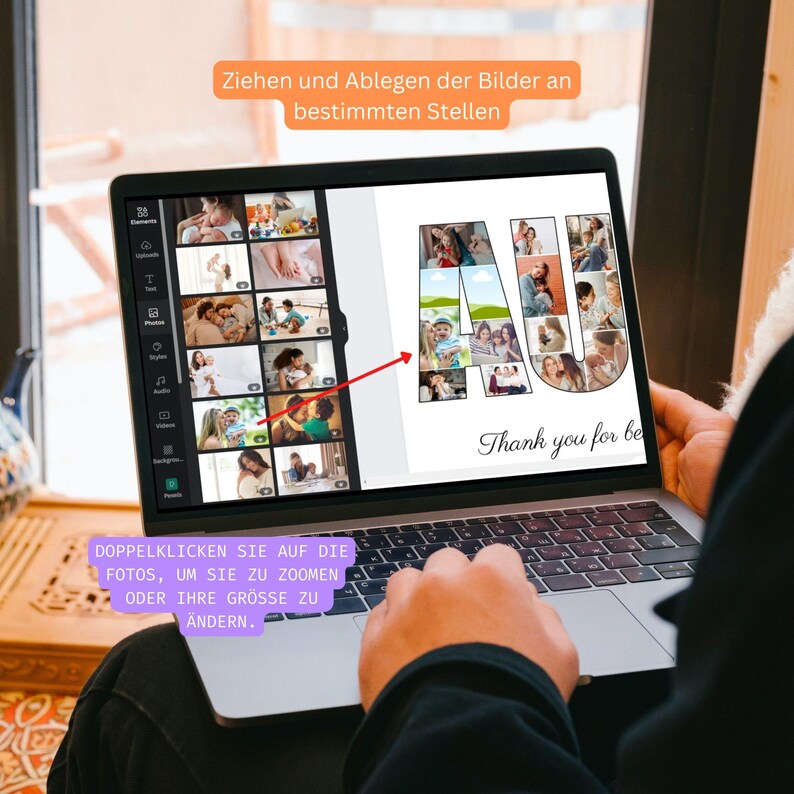 Puede incluir: Una pantalla de computadora port&aacute;til que muestra un collage de fotos de las letras "AU" formado por fotos m&aacute;s peque&ntilde;as. El texto "Thank you for be" es visible debajo del collage. La pantalla tambi&eacute;n muestra una barra lateral con opciones para editar fotos.