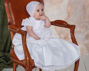 Weißel-Leinen-Kleid für Baby-Mädchen mit Stickerei und italienischen Lase | Tauf- & Taufkleid 'Josephine | Rustikale Blumenmädchen Kleid