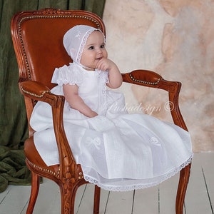 White Linen Dress For Baby Girl With Embroidery and Italian  Lase | Christening & Baptism Dress &#39;Josephine | Rustic Flower Girl  Dress