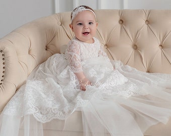 Baptism Lace Dress for Baby Girl | Light Ivory Christening  Gown  'Sophia'  of Italian Lace La Perla & Silk | First Birthday dress