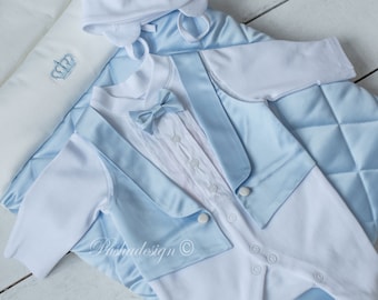 Roupa de menino recém-nascido de algodão e seda | Conjunto de macacão trazendo para casa | Conjunto de macacão de batismo para bebê | Roupa de casamento para menino recém-nascido
