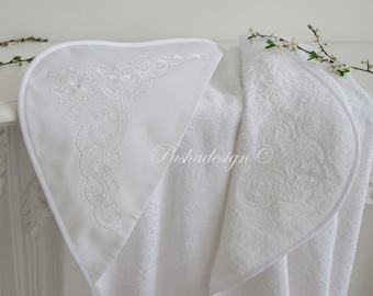 Embroidered White Baptism Blanket / Personalized Boy or Girl Christening Blanket | Cotton Towel - Blanket With Cross