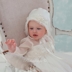 Light Ivory Bonnet &#39;Grace&#39; For baby Girl | Christening & Baptism Bonnet With Lace | Bonnet For Newborn Girl Gift