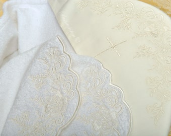 Embroidered Ivory Baptism Blanket  / Personalized Girl or Boy Christening blanket | Cotton Towel - Blanket With Cross