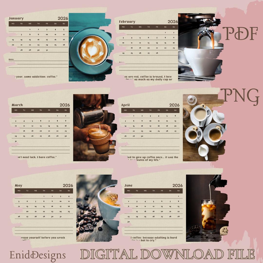 Coffee Calendar 2026 Printable | Monthly Planner, Editable Canva