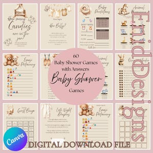 Puede incluir: Un conjunto de juegos para baby shower con una paleta de colores suave y neutra. Los juegos incluyen "How Many Candies", "How Big is Her Belly?" y "Emoji Pictionary". El texto "60 Baby Shower Games with Answers" es prominente.