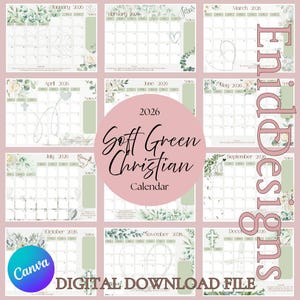 Könnte beinhalten: Ein hellgrüner christlicher Kalender für 2026 mit floralen und botanischen Designs. Jeder Monat wird mit einem minimalistischen Layout mit Platz für Notizen angezeigt. Es ist eine digitale Download-Datei.