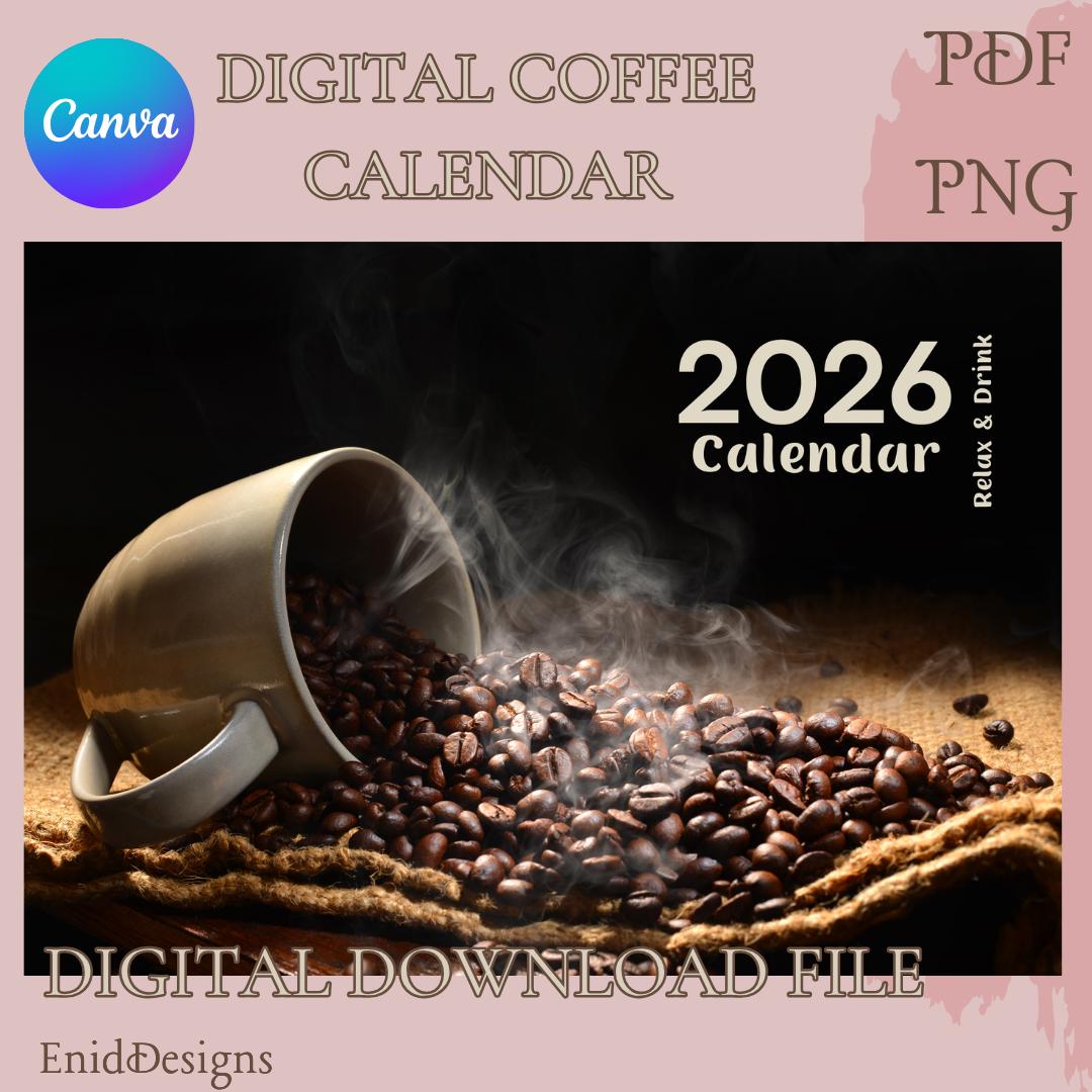 Coffee Calendar 2026 Printable | Monthly Planner, Editable Canva
