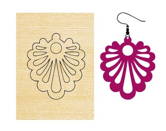 May include: A laser cut design for a pair of earrings. The design is a stylized flower with a circle in the center. The earrings are shown in a wood-toned background and in a solid magenta color.