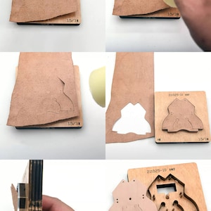May include: A close-up of a leather craft punch tool with a wooden base. The punch is designed to cut out a detailed shape of a Japanese sword. The tool is labeled "211025-10 日本刀" and "1.5/3".