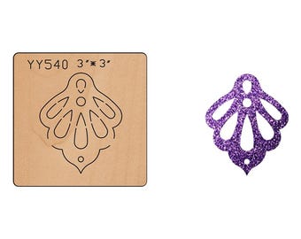 May include: A purple glittery decorative cutout in a floral design. Next to it is a wooden die cut with the same design, labeled "YY540 3"*3"", indicating a 3-inch by 3-inch size. The cutout has a small hole at the bottom.