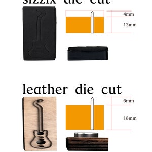 May include: Two die cuts for crafting, one black and one wood. The black die cut is labeled "sizzix die cut" and the wood die cut is labeled "leather die cut". Both die cuts are shaped like a guitar. The black die cut measures 12 mm by 4 mm. The wood die cut measures 18 mm by 6 mm.