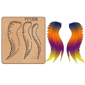 May include: A wooden die cut with three wing outlines and a pair of colorful wings. The wings are a gradient of yellow, purple, orange, and blue. The die cut has the text "YY1508".